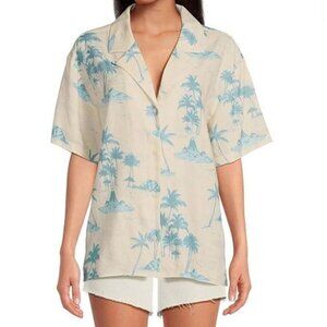 Gianni Bini x DANNIJO Margaux Palm Tree Woven Button Front Linen Blend Blouse S